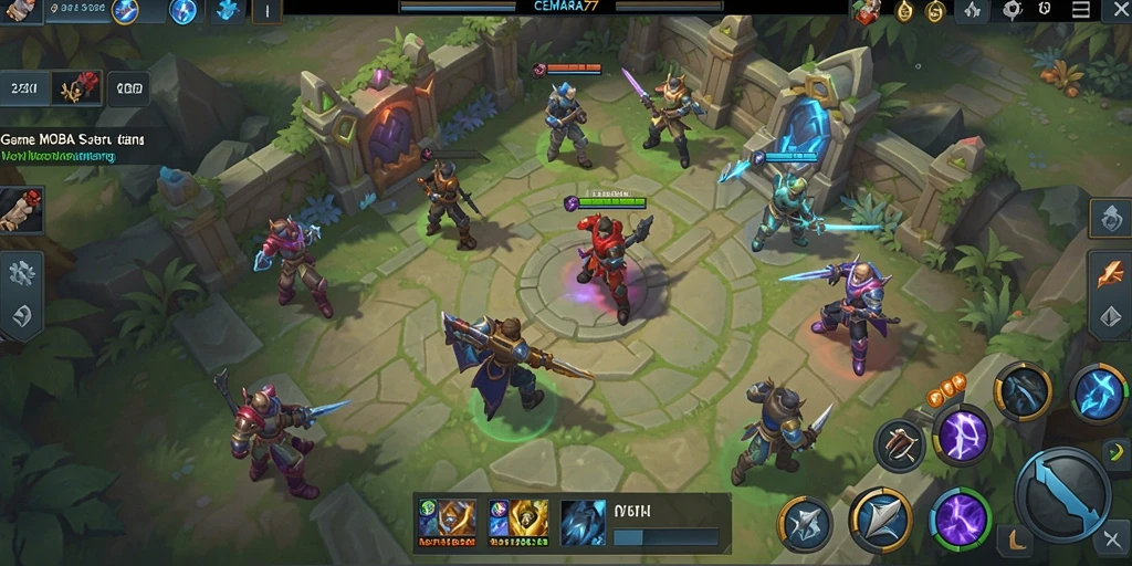 Screenshot CEMARA77 menampilkan aksi pertempuran intens dalam game MOBA.
