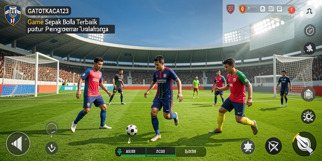Tangkapan layar dari gameplay GATOTKACA123 yang menampilkan aksi sepak bola.