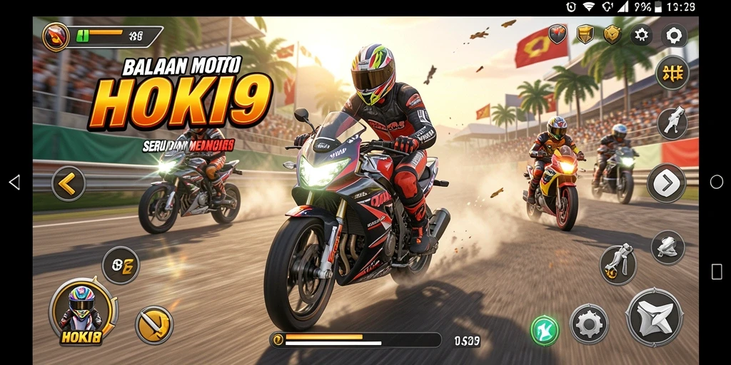 Tampilan seru gameplay HOKI9 dengan balapan motor menegangkan.