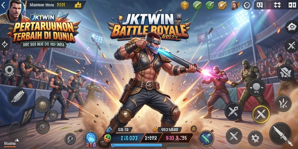 Tangkapan layar JKTWIN menampilkan pemain dalam pertempuran epik di arena Battle Royale.
